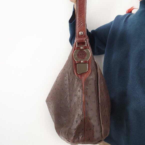 DONALD J PLINER Ostrich Embossed Leather Handbag Shoulder Bag Brown - Picture 5 of 8